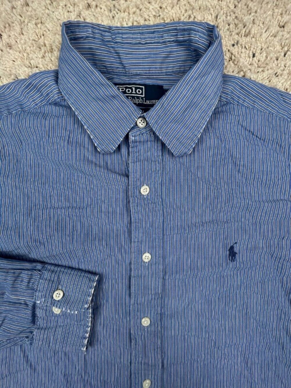 Polo Ralph Lauren LOWELL Button Up Shirt Cotton Men 15 34/35 Blue Gray Striped